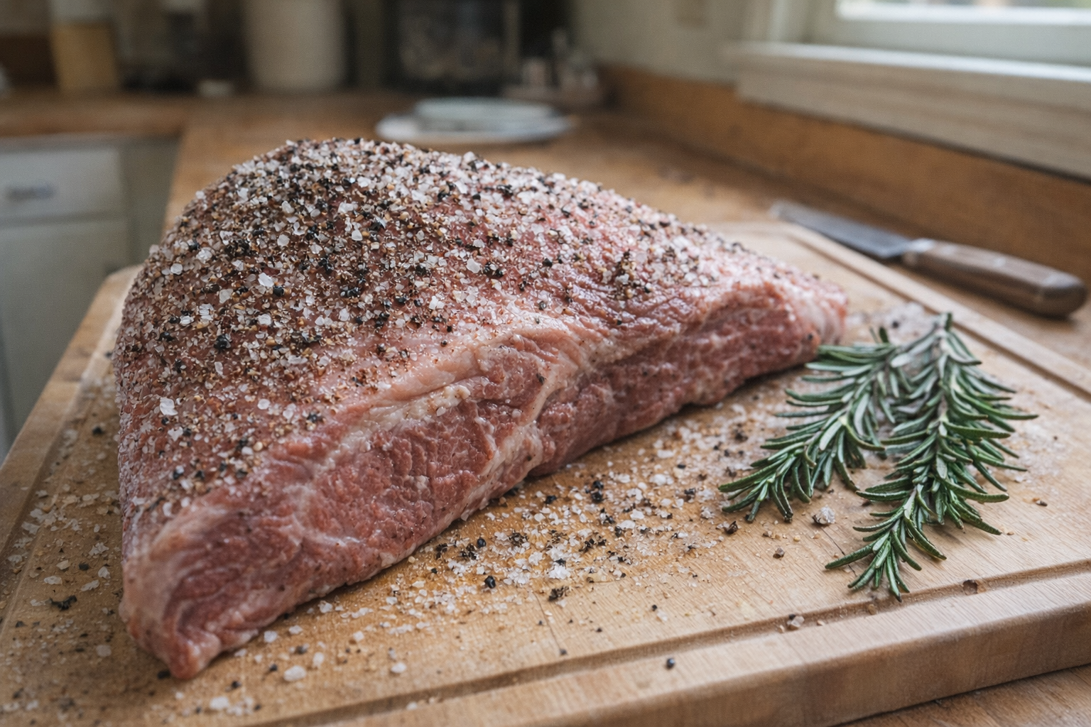 Raw tri-tip roast on a cutting board, sprinkled with coarse salt and freshly cracked pepper, rosemary sprigs nearby, preparation scene, natural light